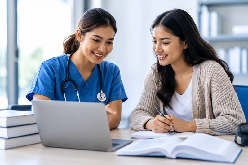 Nursing students collaborating on coursework